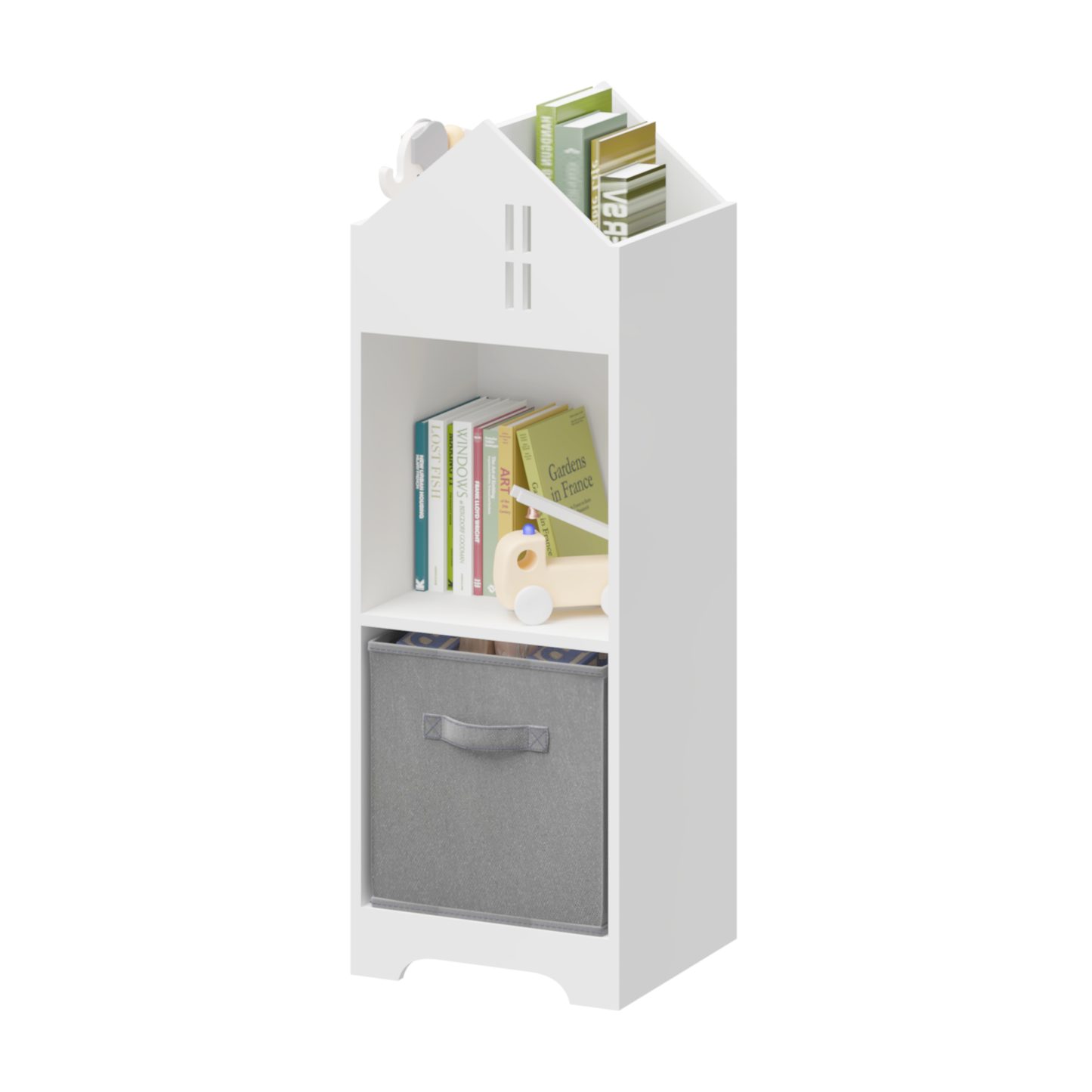 Kids Dollhouse Bookcase with Storage 2-Tier Storage Display Organizer Toddler Bookshelf (White/Gray)