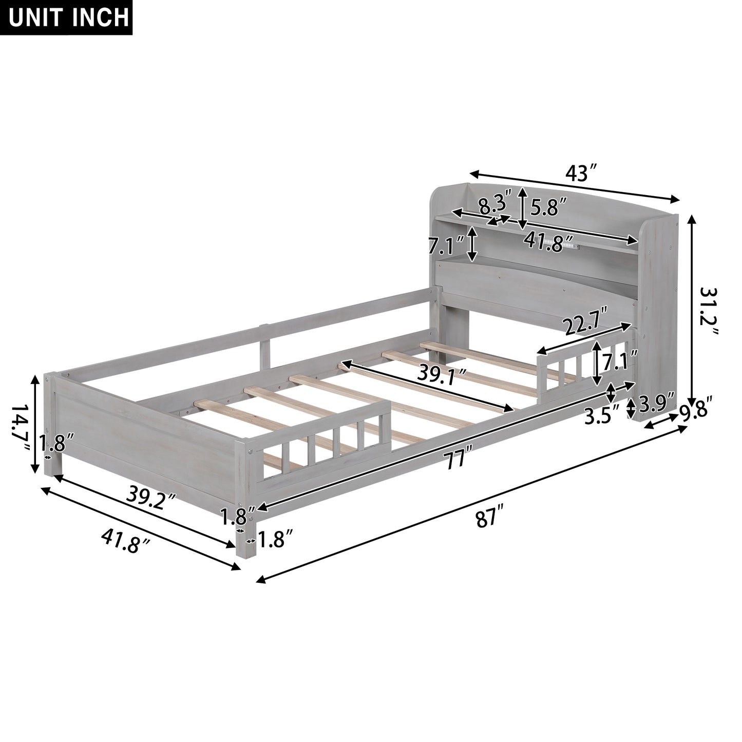 Wood Twin Size Platform Bed with Built-in LED Light  Storage Headboard and Guardrail Antique Grey