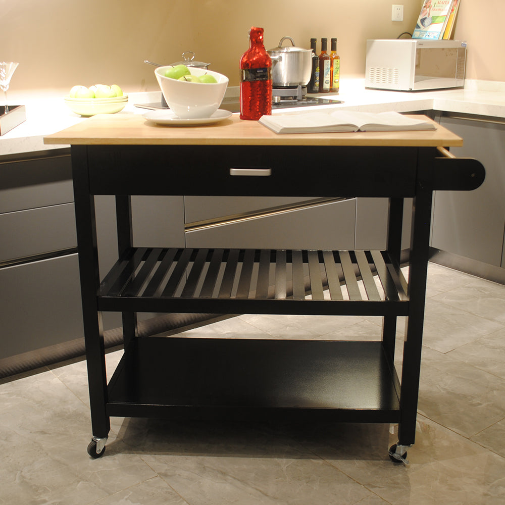 Kitchen Island & Kitchen Cart Mobile Kitchen Island with Two Lockable Wheels Rubber Wood Top