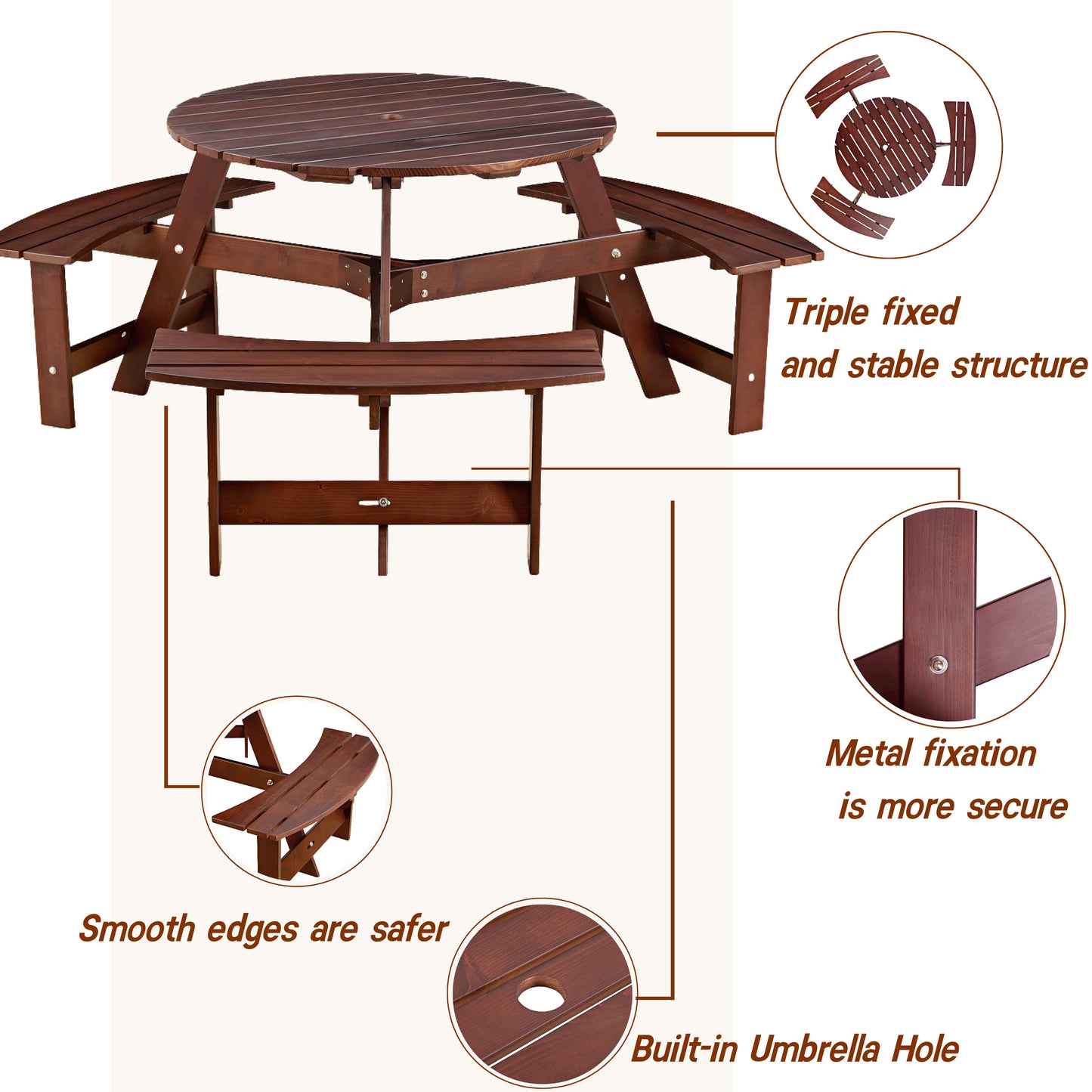 6-Person Circular Picnic Table with 3 Built-In Benches and Umbrella Hole, Brown Finish