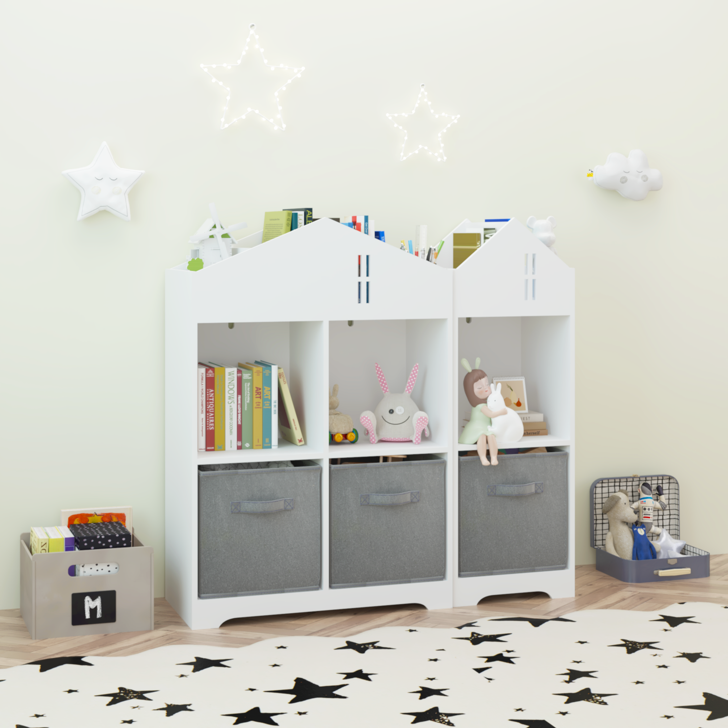 Kids Dollhouse Bookcase with Storage 2-Tier Storage Display Organizer Toddler Bookshelf (White/Gray)