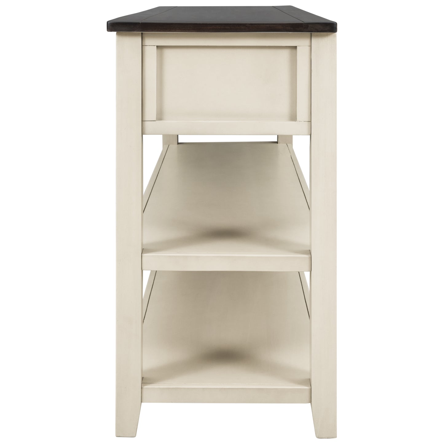 Retro Design Console Table with Two Open Shelves, Pine Solid Wood Frame and Legs, Espresso and Beige Finish