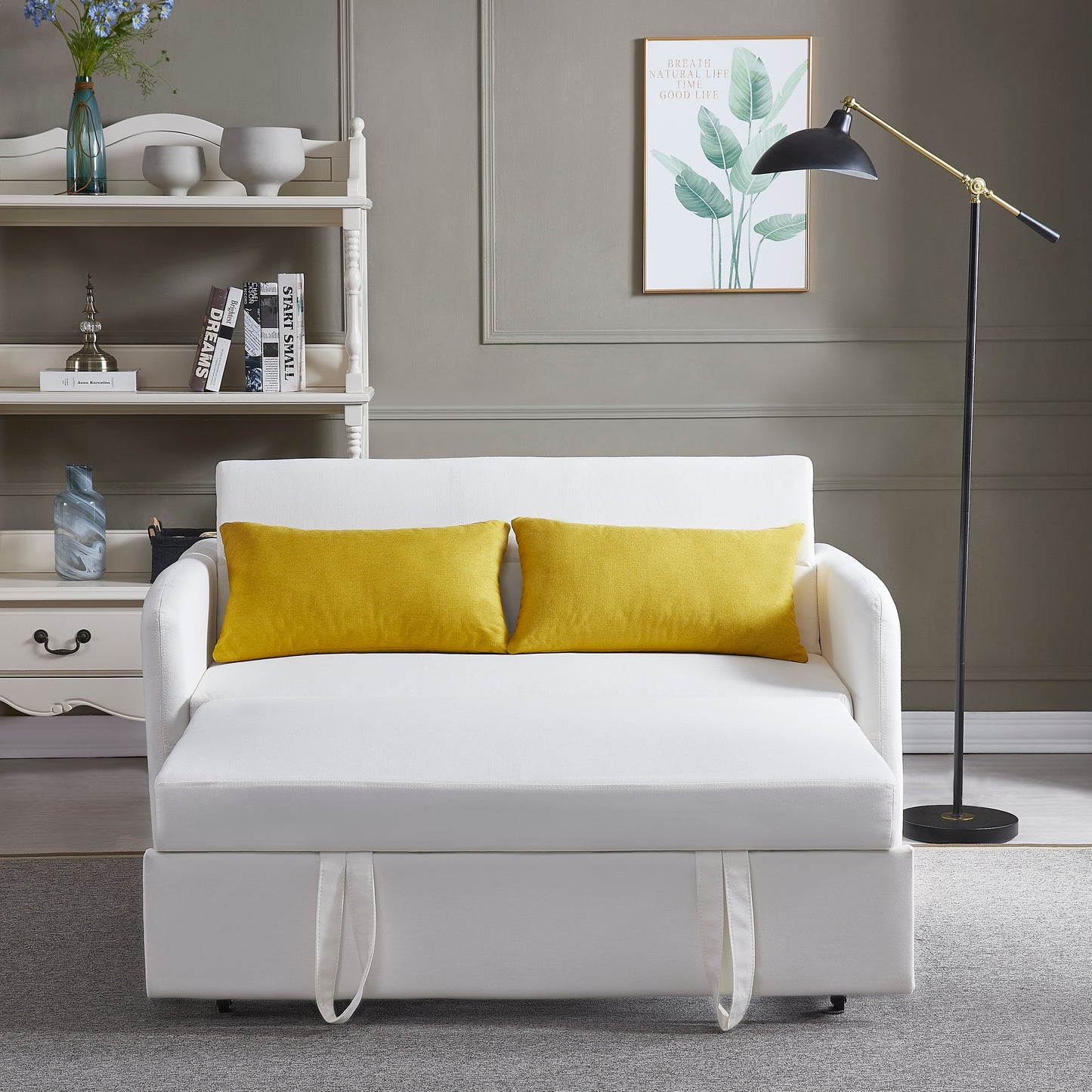 Twins Sofa Bed in Cream White Fabric, Convertible Design for Comfortable Seating and Sleeping