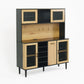 buffet side cabinet with storage door and power outlet, coffee bar cabinet with wine rack, black and natural colors