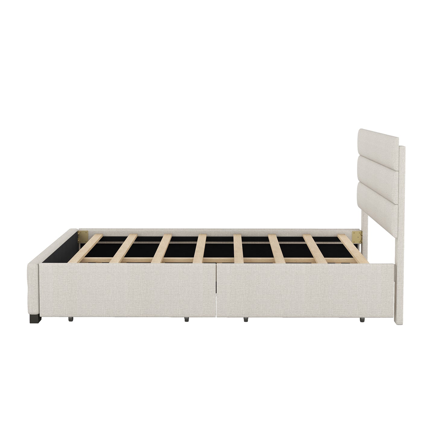 Queen Upholstered Platform Bed with Twin Size Trundle and Two Drawers  Beige