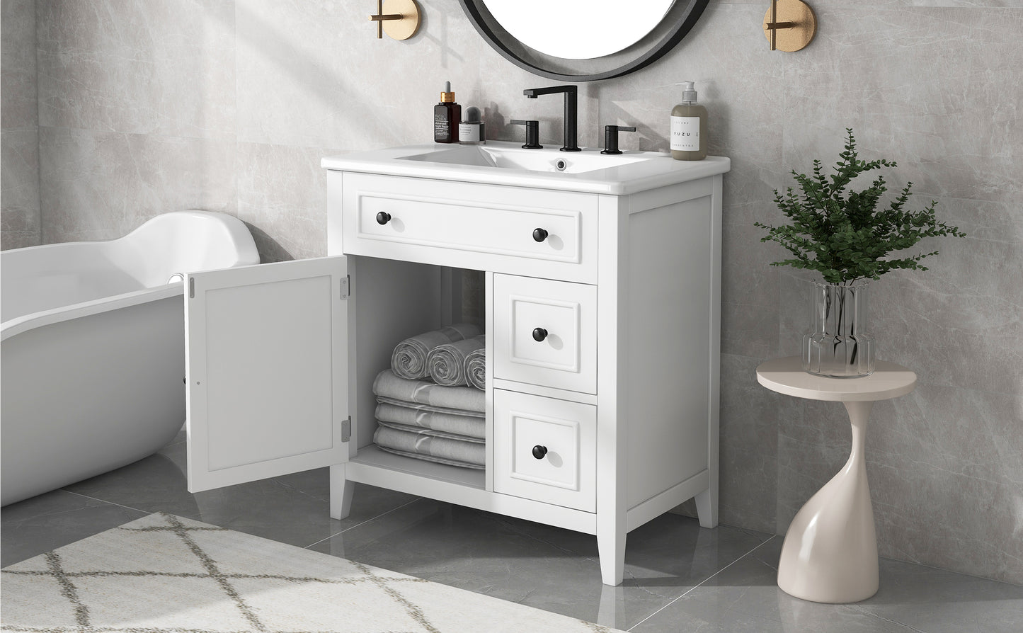 Mueble de baño de 30" con encimera de lavabo, armario de madera maciza con puerta y dos cajones, color blanco