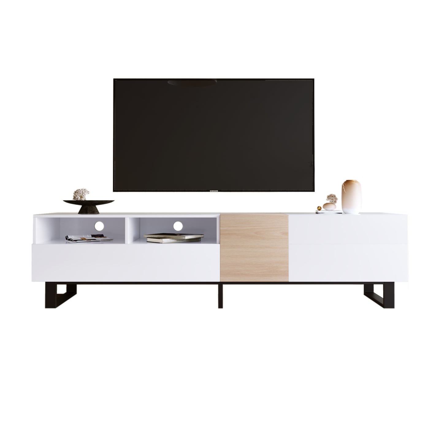 Modern TV Stand for 80-Inch TVs, Double Storage Space Media Console with Drop-Down Door, Entertainment Center