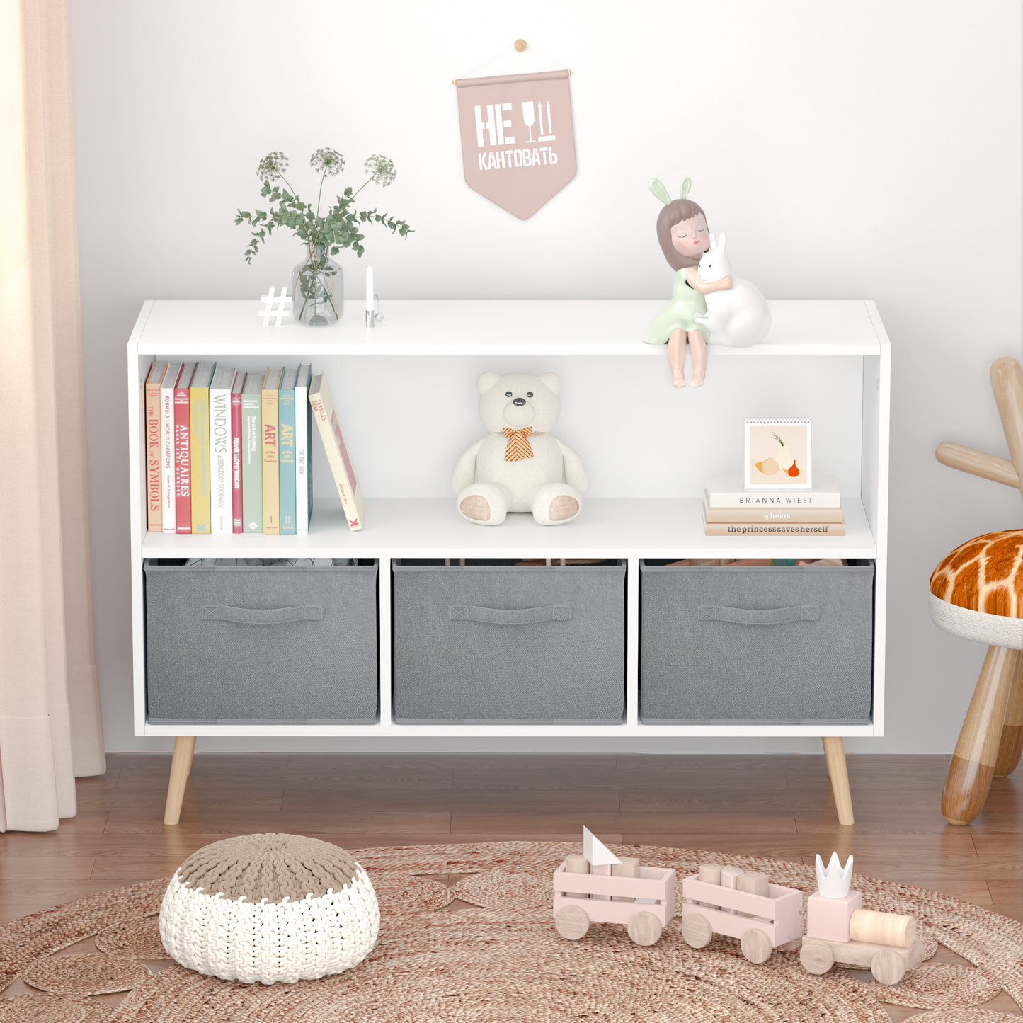 Kids bookcase with Collapsible Fabric Drawers Children's Book Display Toy Storage Cabinet Organizer White/Gray