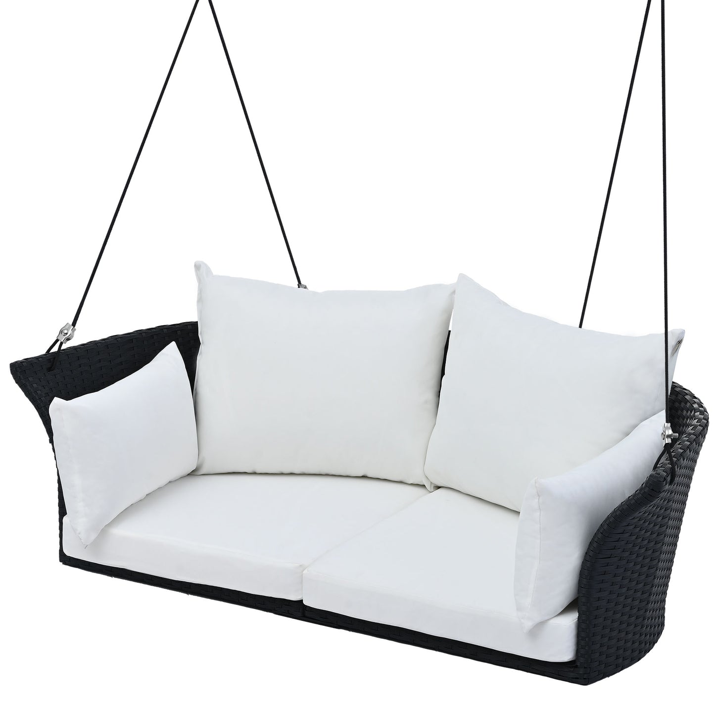 2-Person Hanging Seat, Rattan Woven Swing Chair, Porch Swing With Ropes, Black Wicker And White Cushion