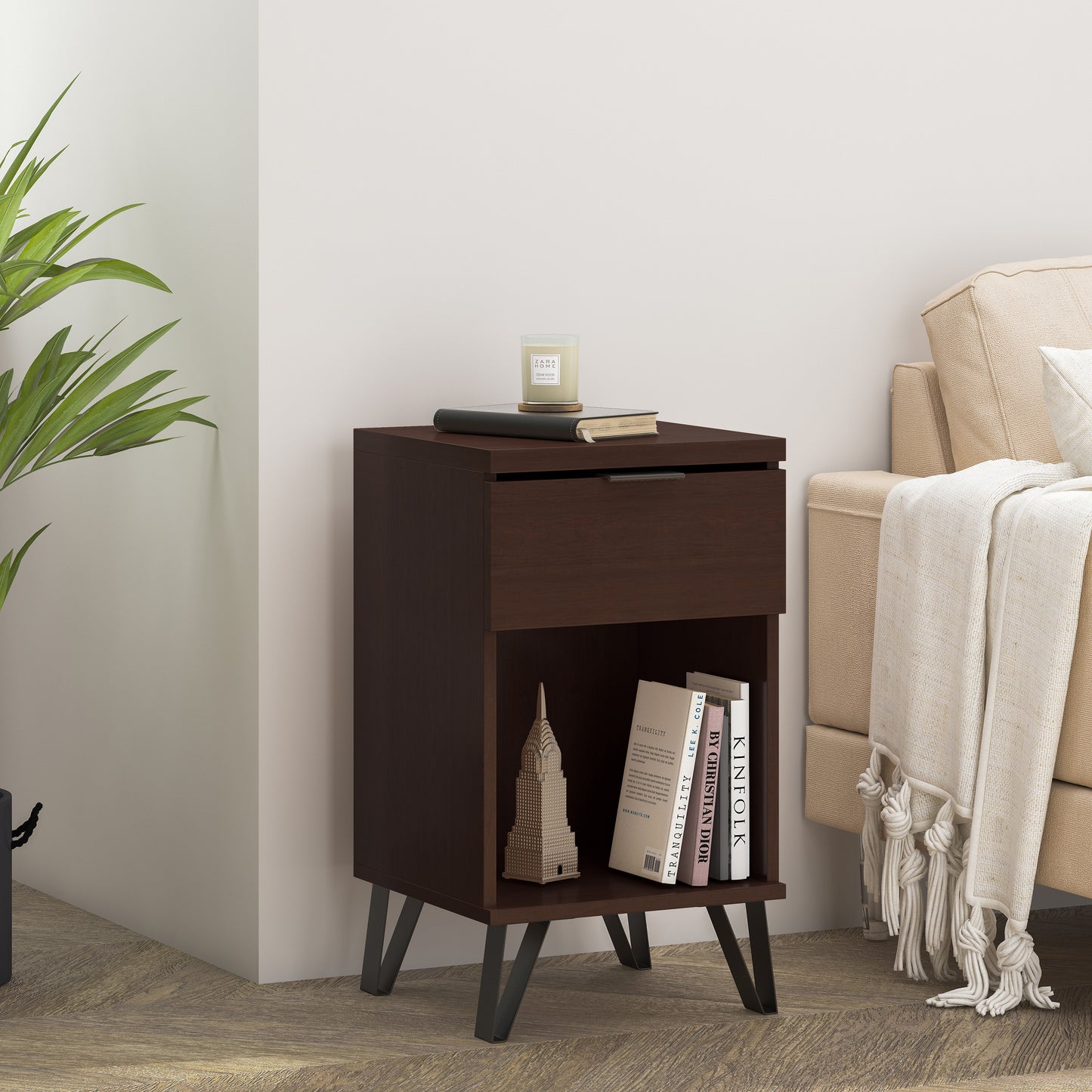 Walnut Tall End Table, Elegant and Functional Design for Living Rooms and Bedrooms