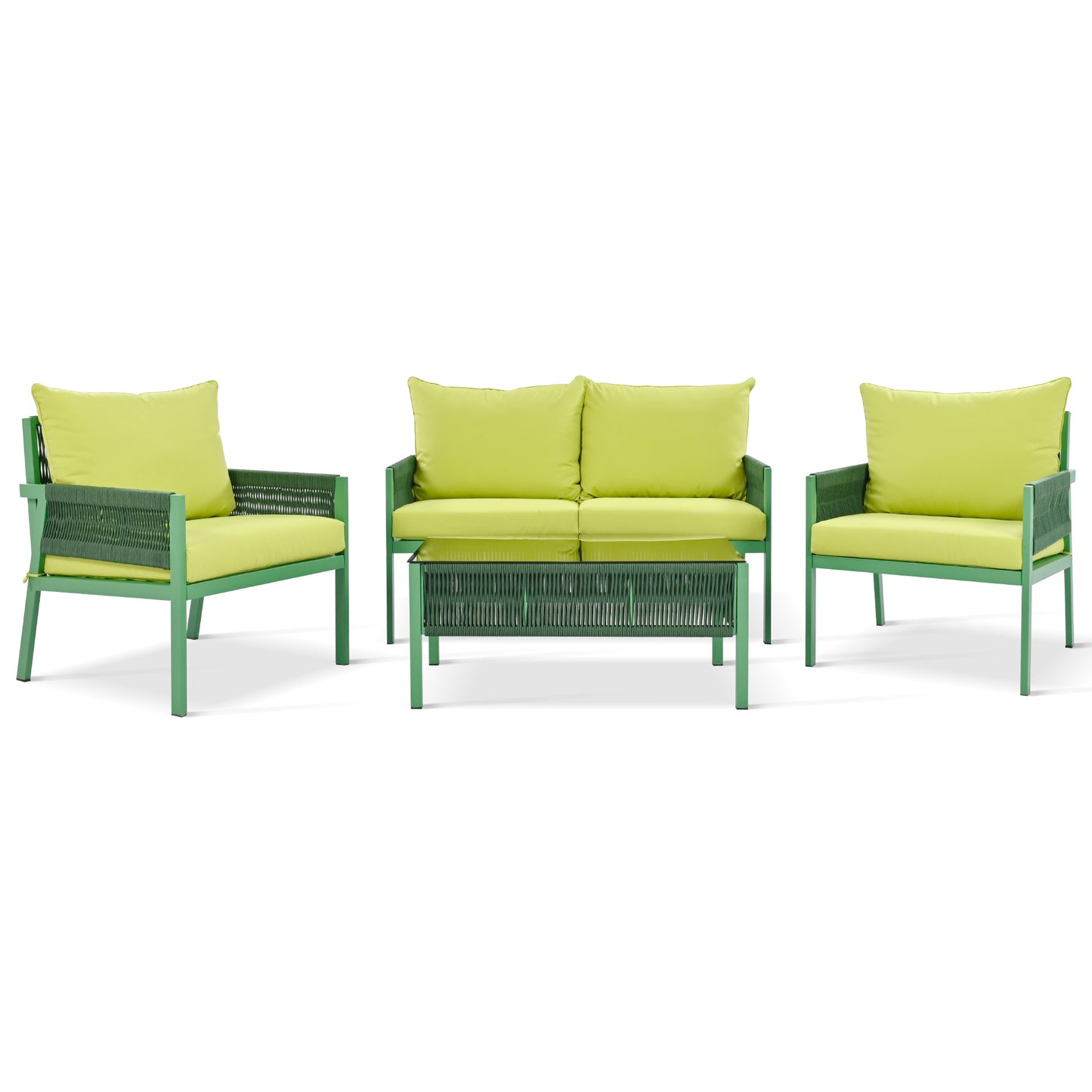 Muebles de exterior con mesa de vidrio templado, asientos profundos con cojines gruesos en amarillo fluorescente y verde