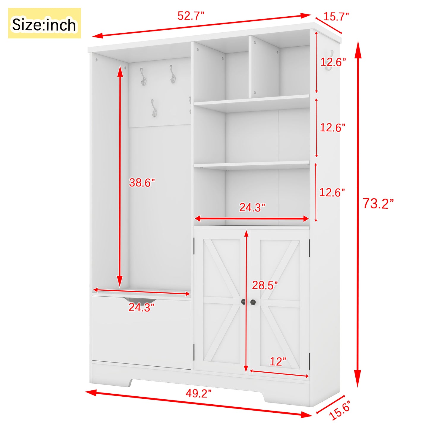 Multi-functional Hall Tree with Storage Shelves Drawers Cabinet Elegant Hallway Shoe Cabinet with Bench Modern Coat Rack White