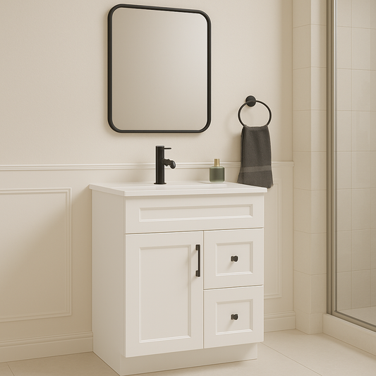 30-Inch Shaker Bathroom Vanity with Drawers — Left or Right | White or Gray | Plywood Cabinet, Solid-Wood Door, Soft-Close 3-Way Clip-On Hinges