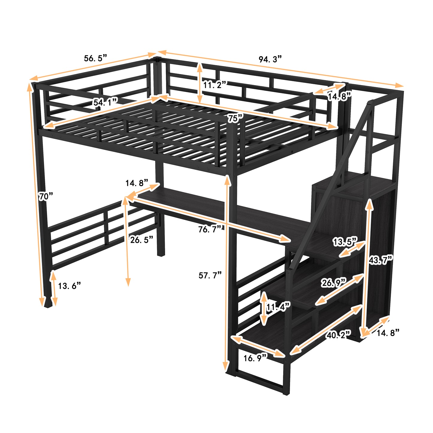 Full Size Metal Loft Bed with Desk, Storage Staircase and Small Wardrobe, Storage stairs can be installed left and right,Black