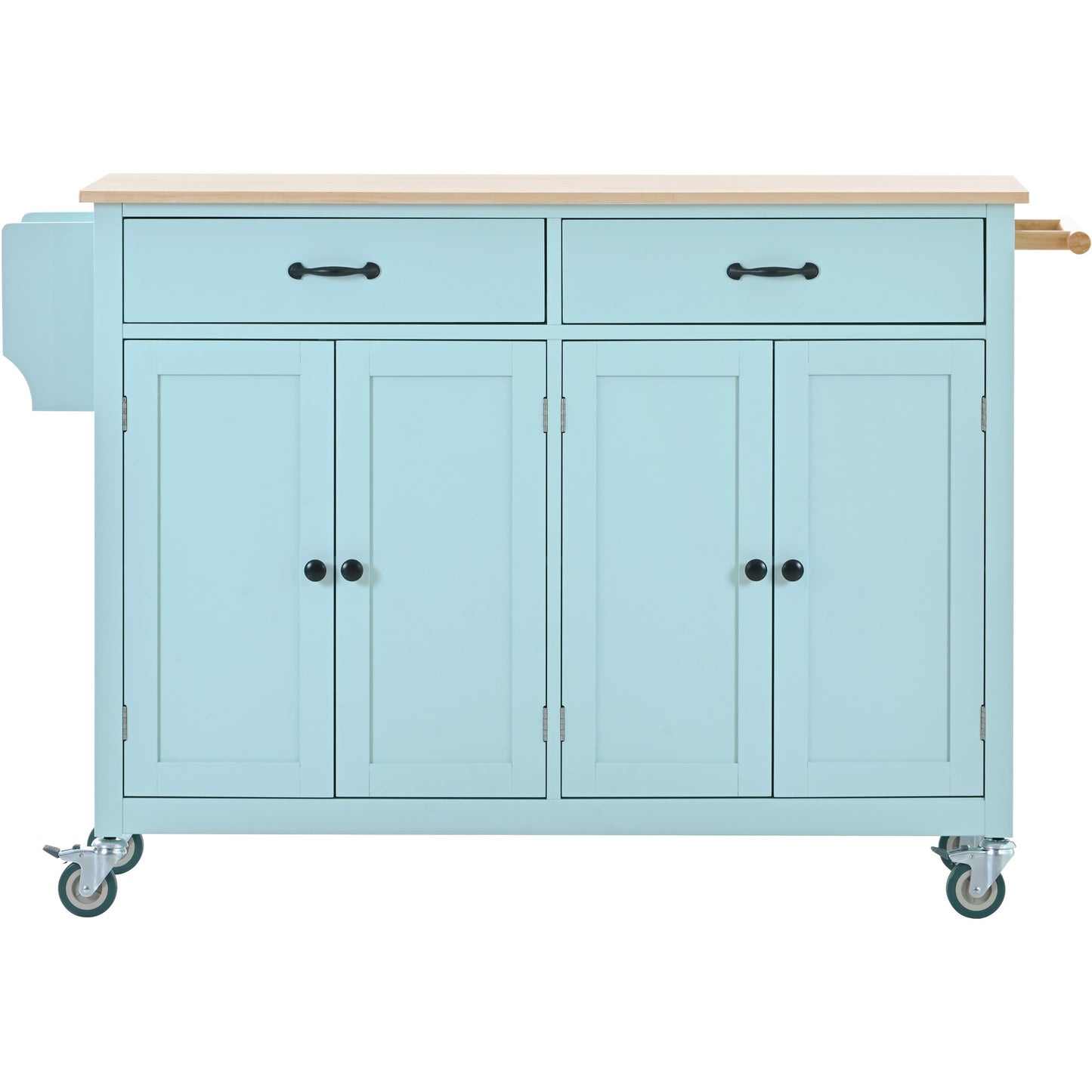 Kitchen Island Cart with 4-Door Cabinet, 2 Drawers, and Locking Wheels, Solid Wood Top in Mint Green