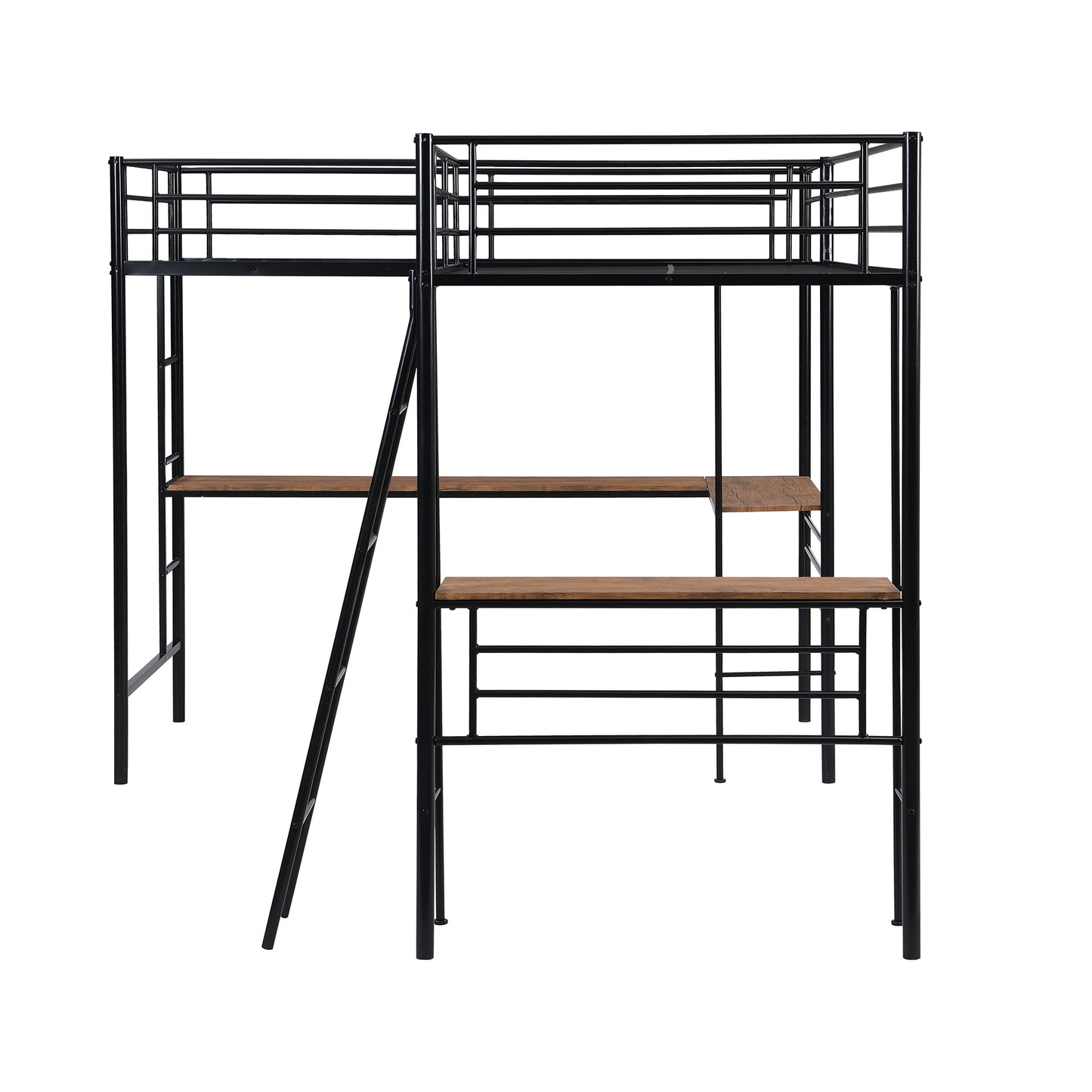 Twin Size Metal Loft Bed with Two Built-in Desks Black