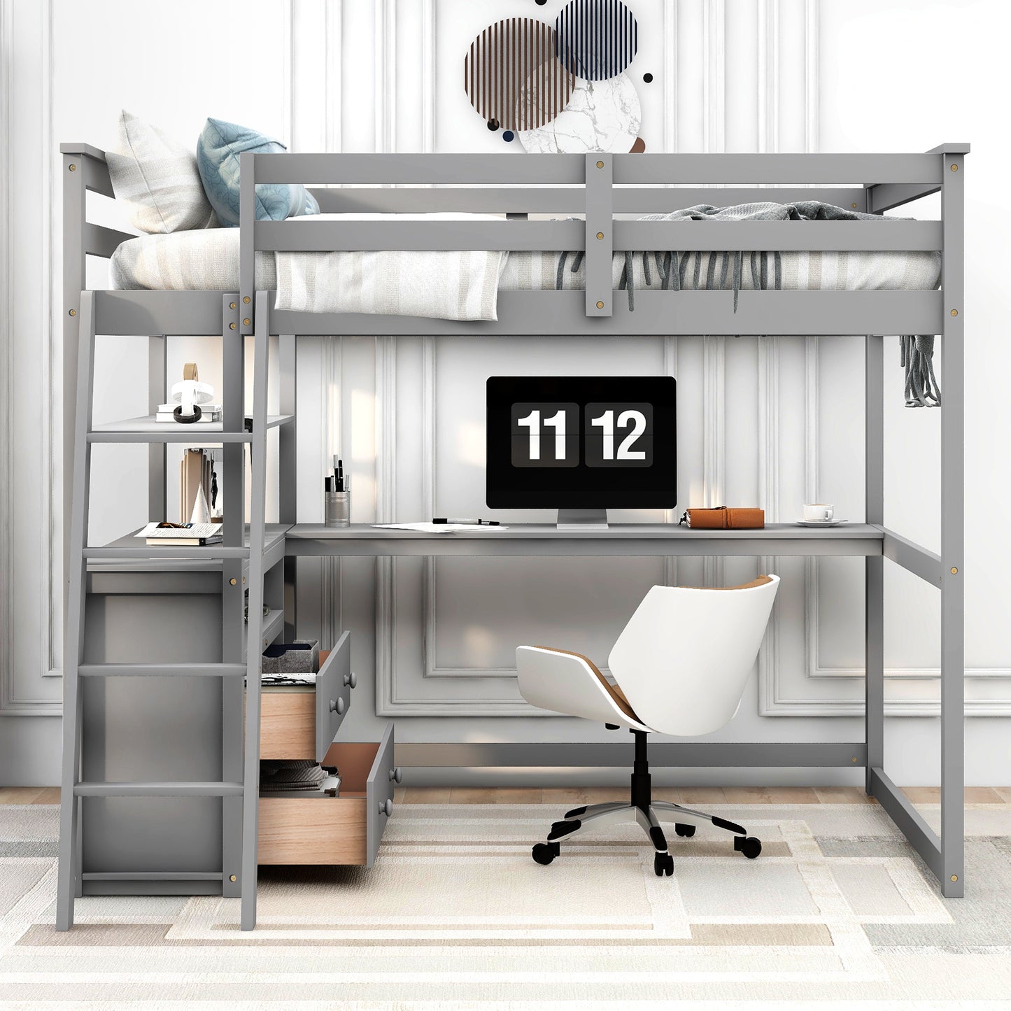 Full Size Loft Bed with Desk and Shelves,Two Built-in Drawers Gray