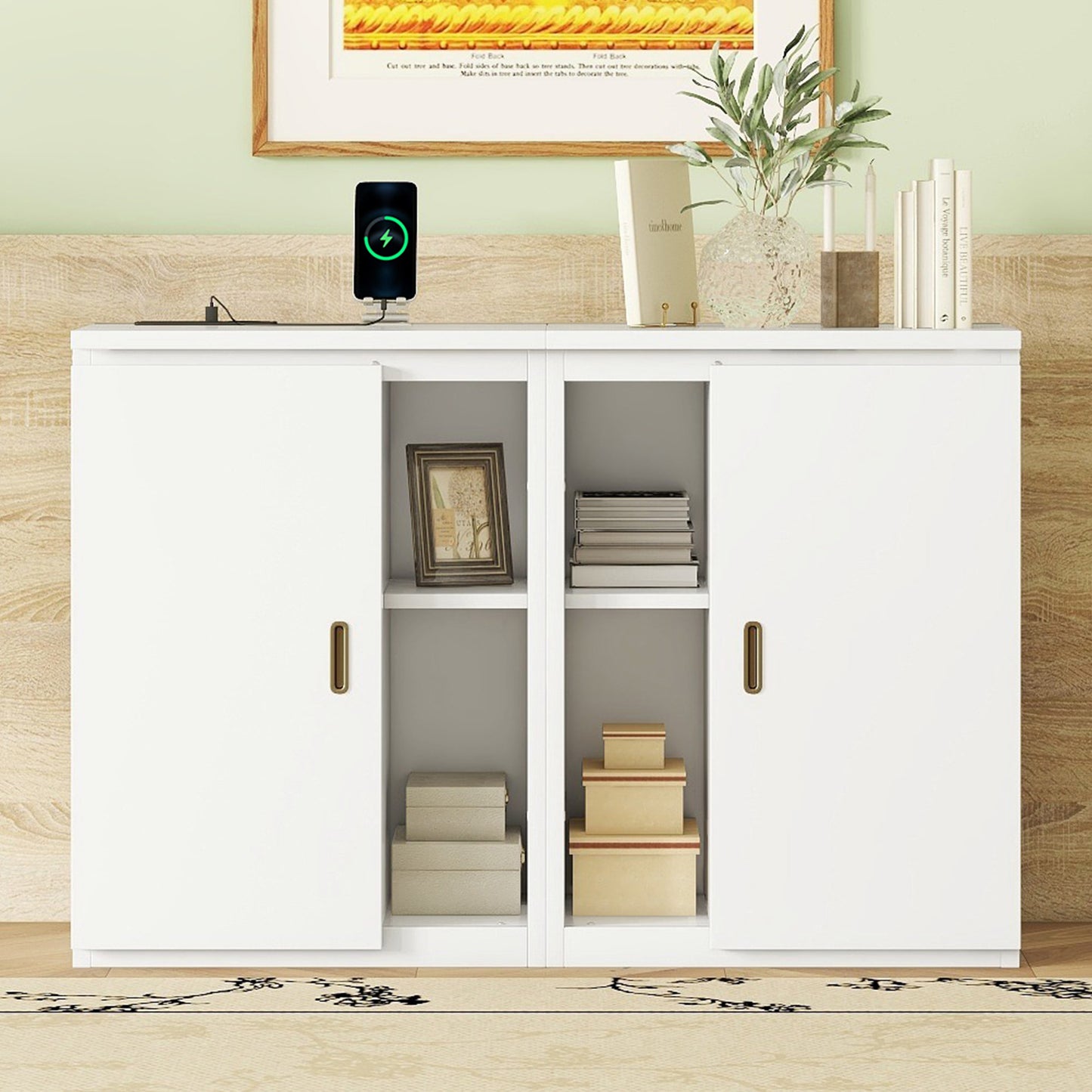 Full Size Murphy Bed with Shelves, Cabinets, and USB Ports, Space-Saving Design in White Finish