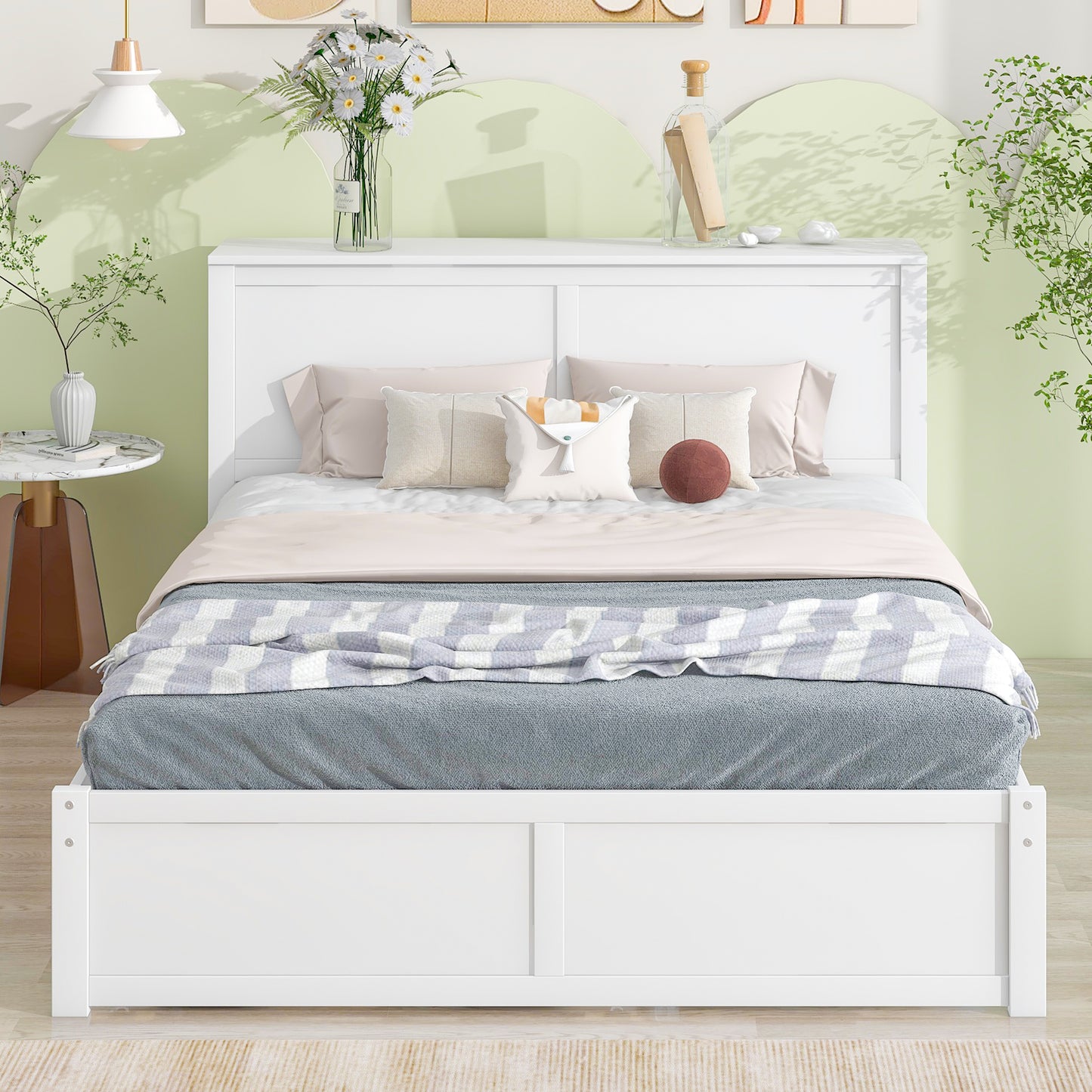 Queen Size Storage Platform Bed with Pull Out Shelves and Twin XL Size Trundle  White