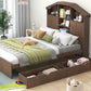 Full Size Wood Platform Bed with House-shaped Storage Headboard and 2 Drawers Walnut