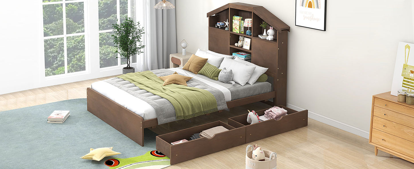 Full Size Wood Platform Bed with House-shaped Storage Headboard and 2 Drawers Walnut