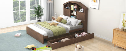Full Platform Bed with Storage Headboard Walnut