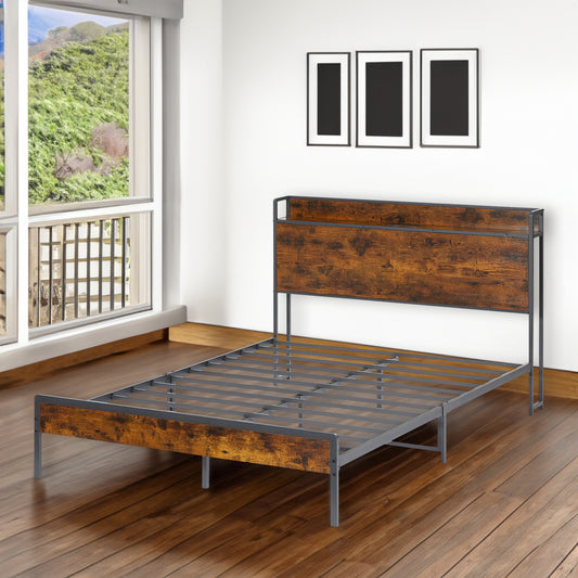 Bed Frame with Charging Station, Full Size in Rustic Brown, 83.1" L x 56.1" W x 39" H