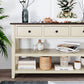 Retro Design Console Table with Two Open Shelves, Pine Solid Wood Frame and Legs, Espresso and Beige Finish