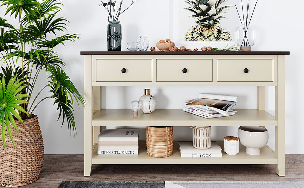 Mesa consola de diseño retro con dos estantes abiertos, estructura y patas de madera maciza de pino, acabado espresso y beige