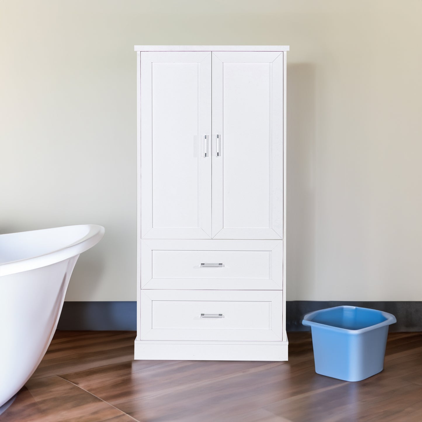 Tall Bathroom Storage Cabinet with Two Doors and Drawers, Adjustable Shelf, MDF Board, White Finish