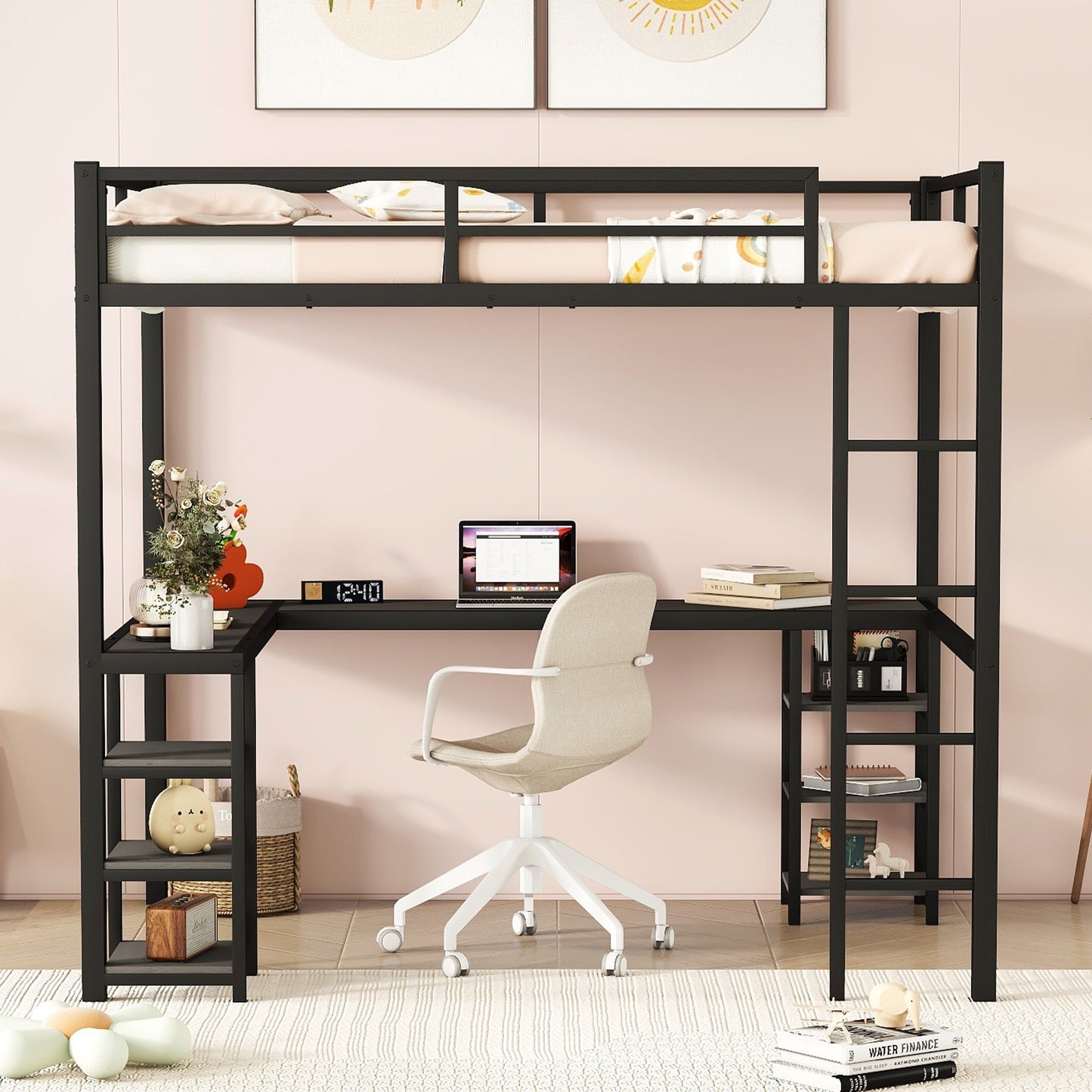 All metal loft bed with desk and shelf, loft bed with ladder and guardrail, black with black desk