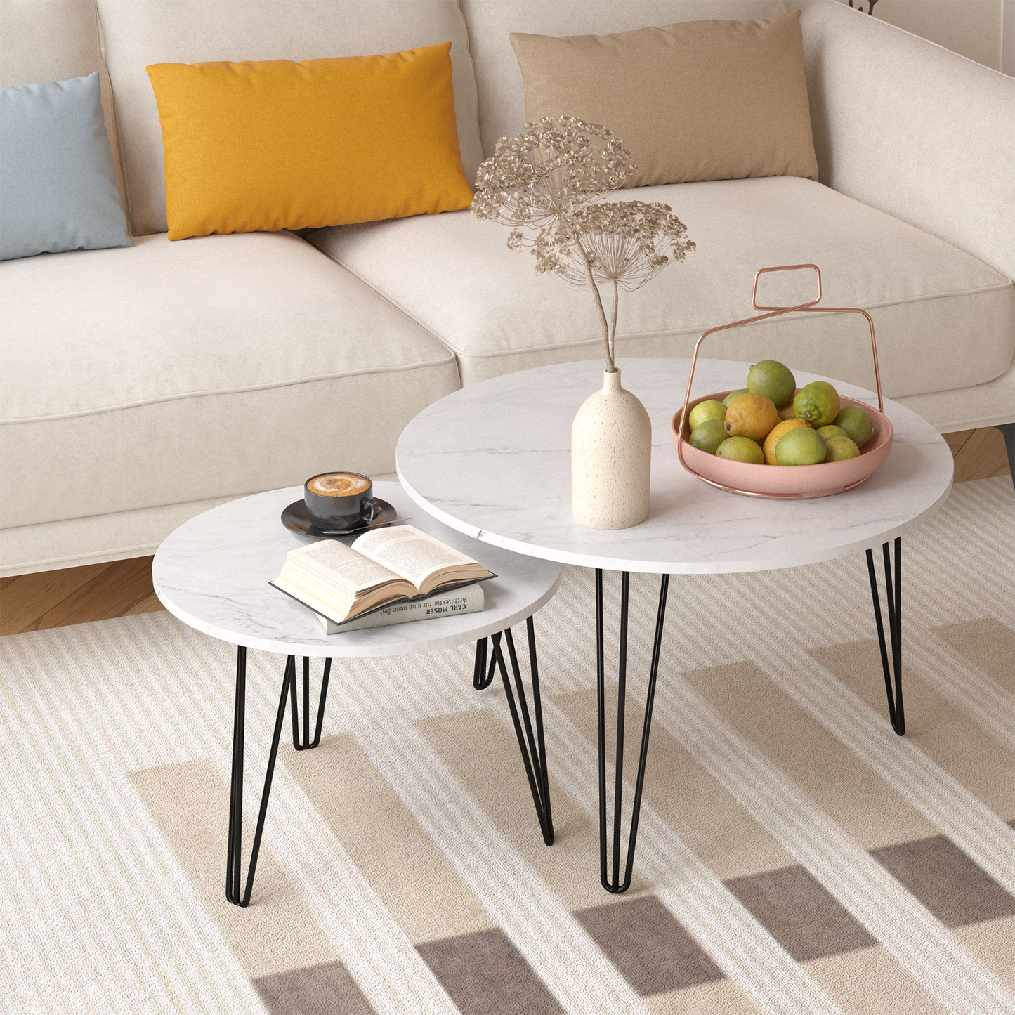 27.56'' Round Nesting Coffee Table Set of 2, Circular Nesting End Table Set Sturdy Metal Base for Living Room, bedroom, White