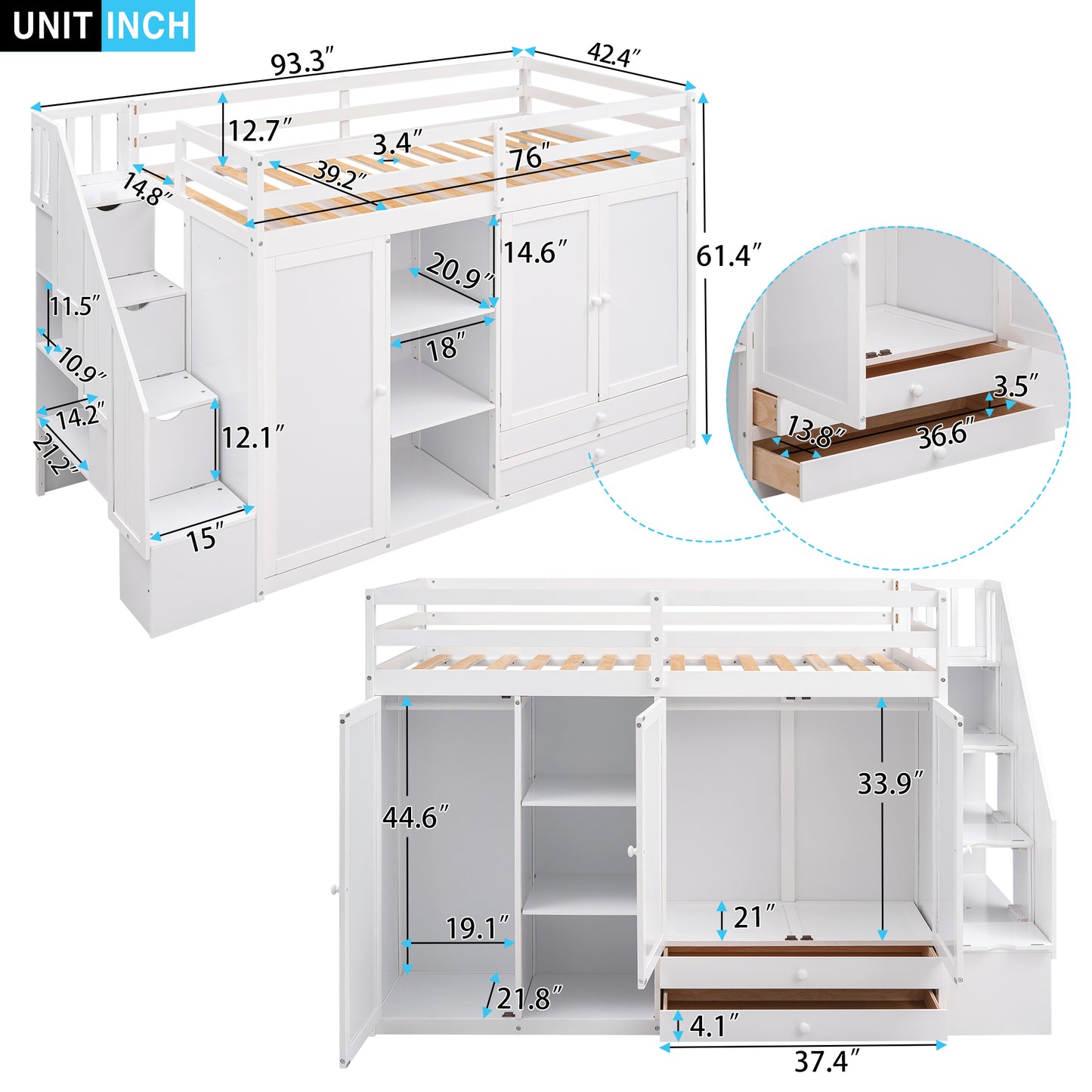 Functional Loft Bed with 3 Shelves, 2 Wardrobes and 2 Drawers, Ladder with Storage, No Box Spring Needed, White