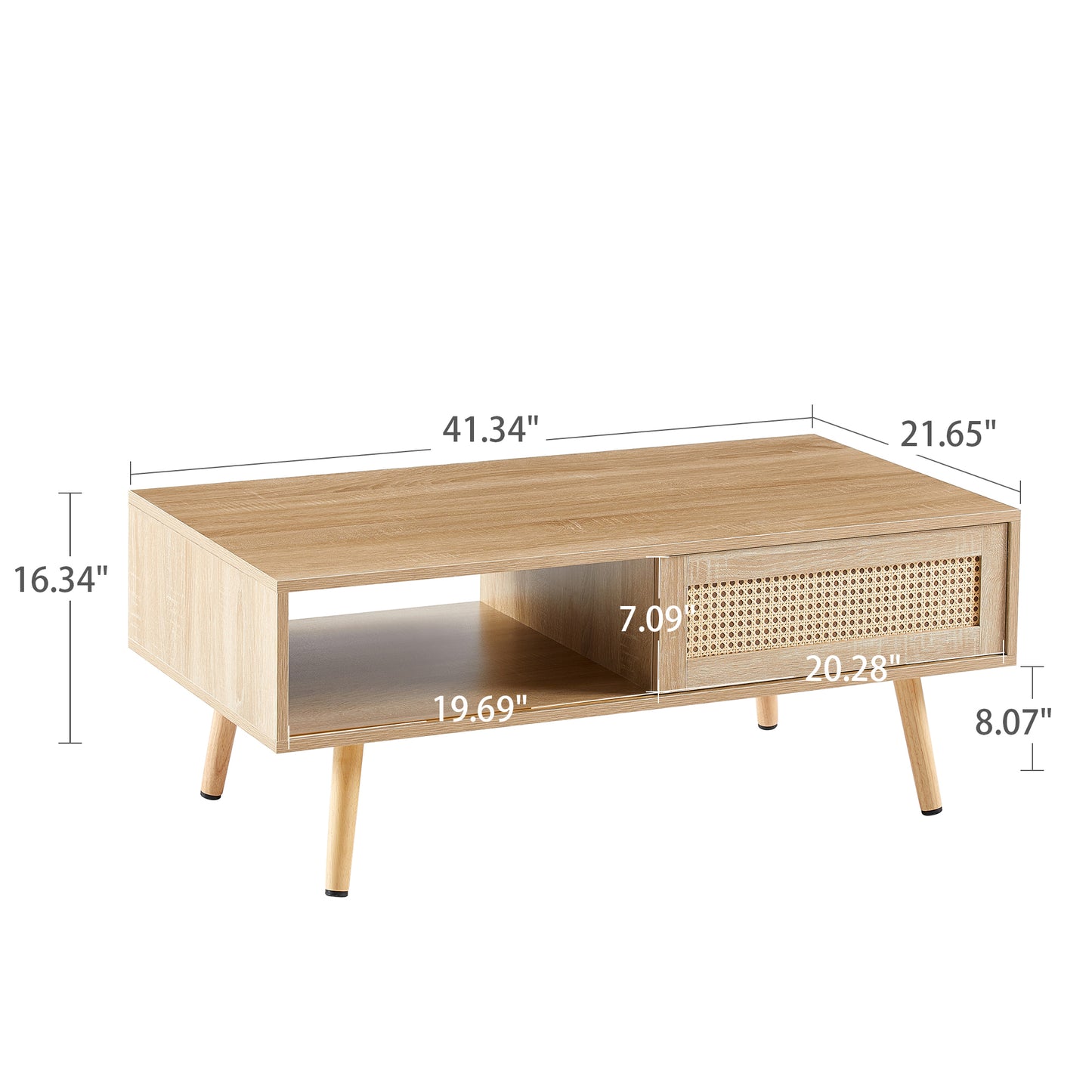 Rattan Coffee table sliding door for storage solid wood legs Modern table for living room natural