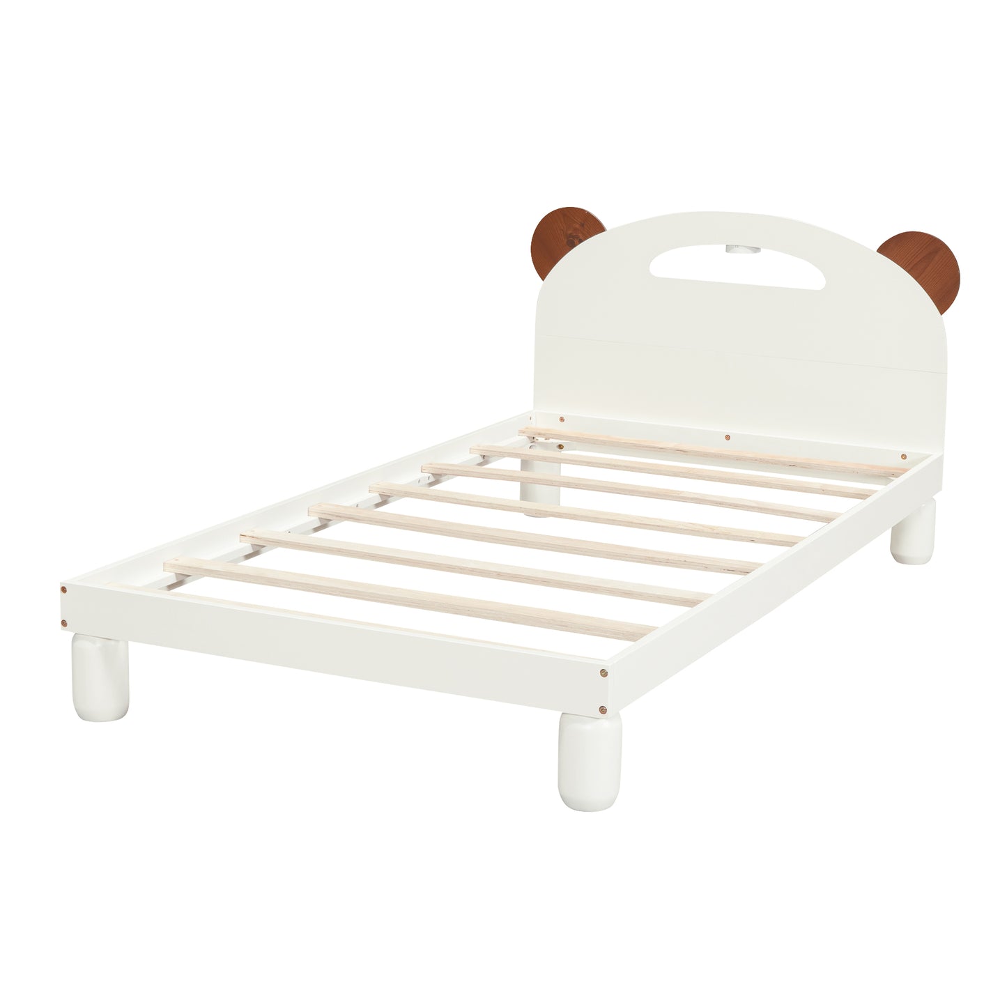 Twin Size Platform Bed with Bear Ears Shaped Headboard and LED Cream White