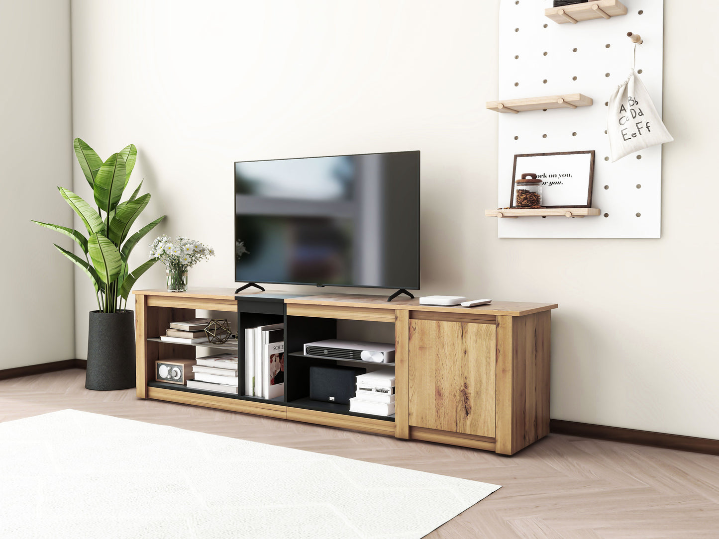 ModernTV stand suitable for TVs under 80 inches, media console with multifunctional storage, and LED lights