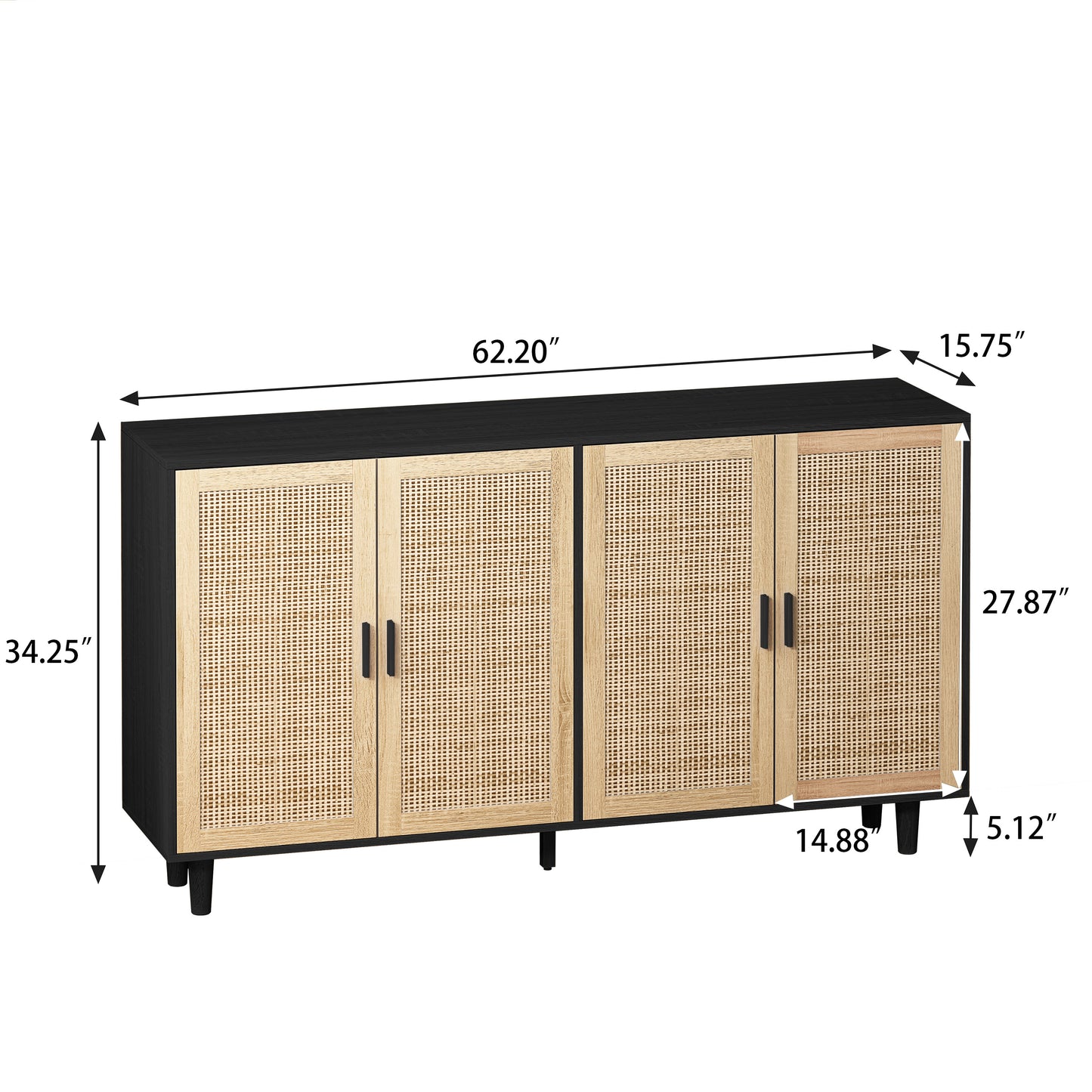 Elegante armario de almacenamiento de ratán de 4 puertas de 62,20", diseño decorativo para dormitorios, salas de estar y oficinas, color negro