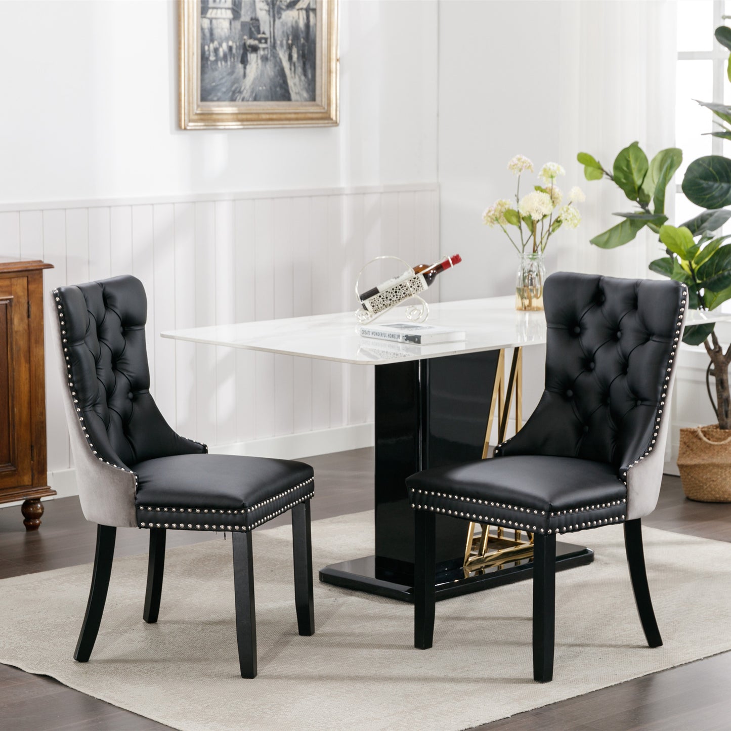 Tufted Solid Wood Contemporary PU and Velvet Upholstered Dining Chair with Wood Legs Nailhead Trim 2-Pcs Set Black+Gray