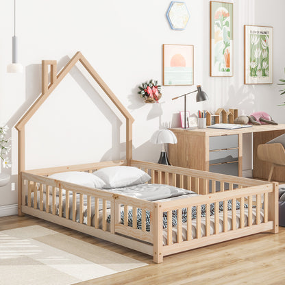 Full House-Shaped Headboard Floor Bed with Fence Natural