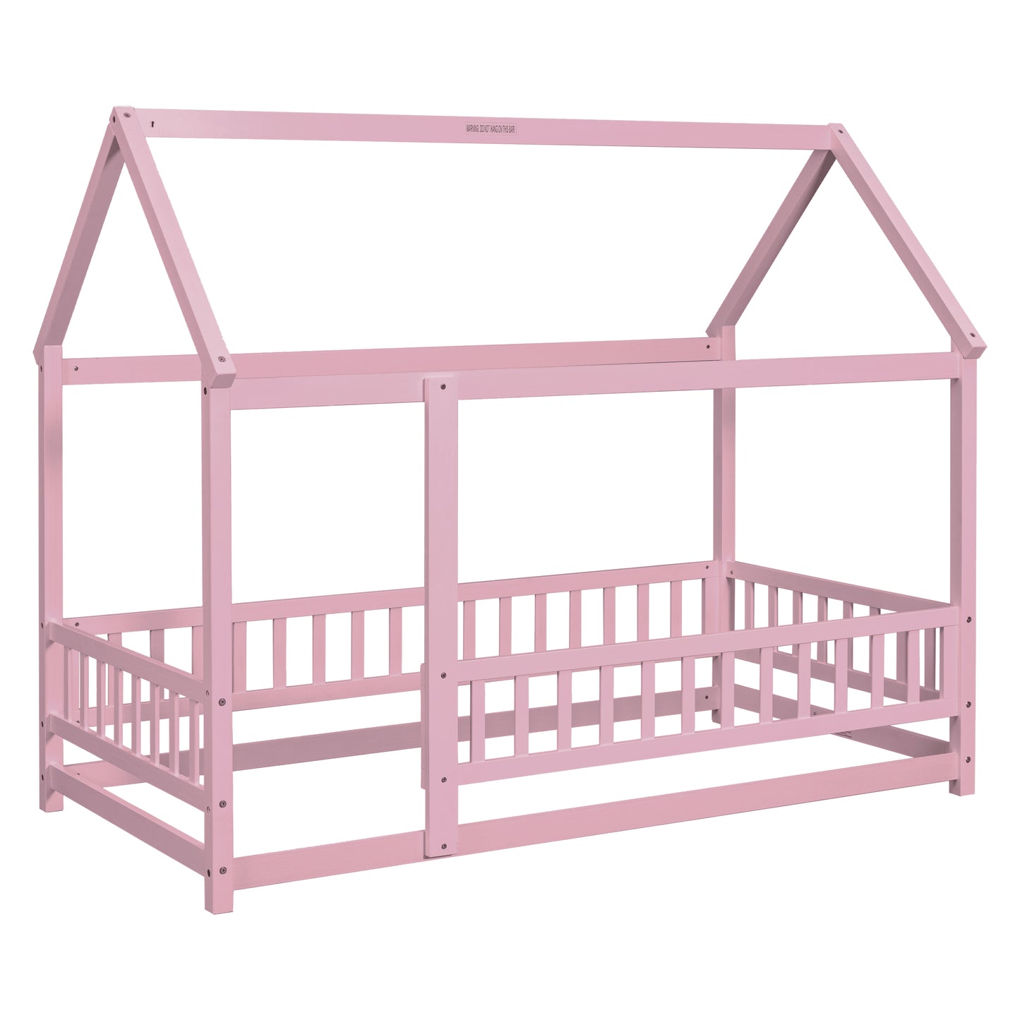 Twin Size Floor Wooden Bed with House Roof Frame, Fence Guardrails,Pink