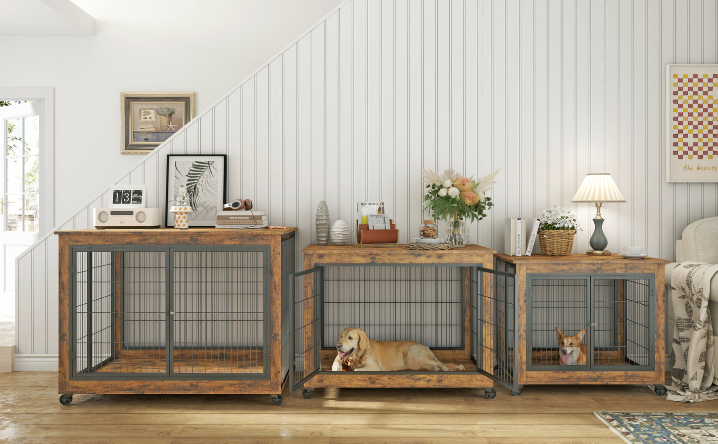 Furniture Style Dog Crate Side Table on Wheels with Double Doors and Lift Top. Rustic Brown