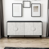 Vintage White Large Faceted Carved Sideboard with Black Frames, Perfect for TV Stands and Accent Cabinets