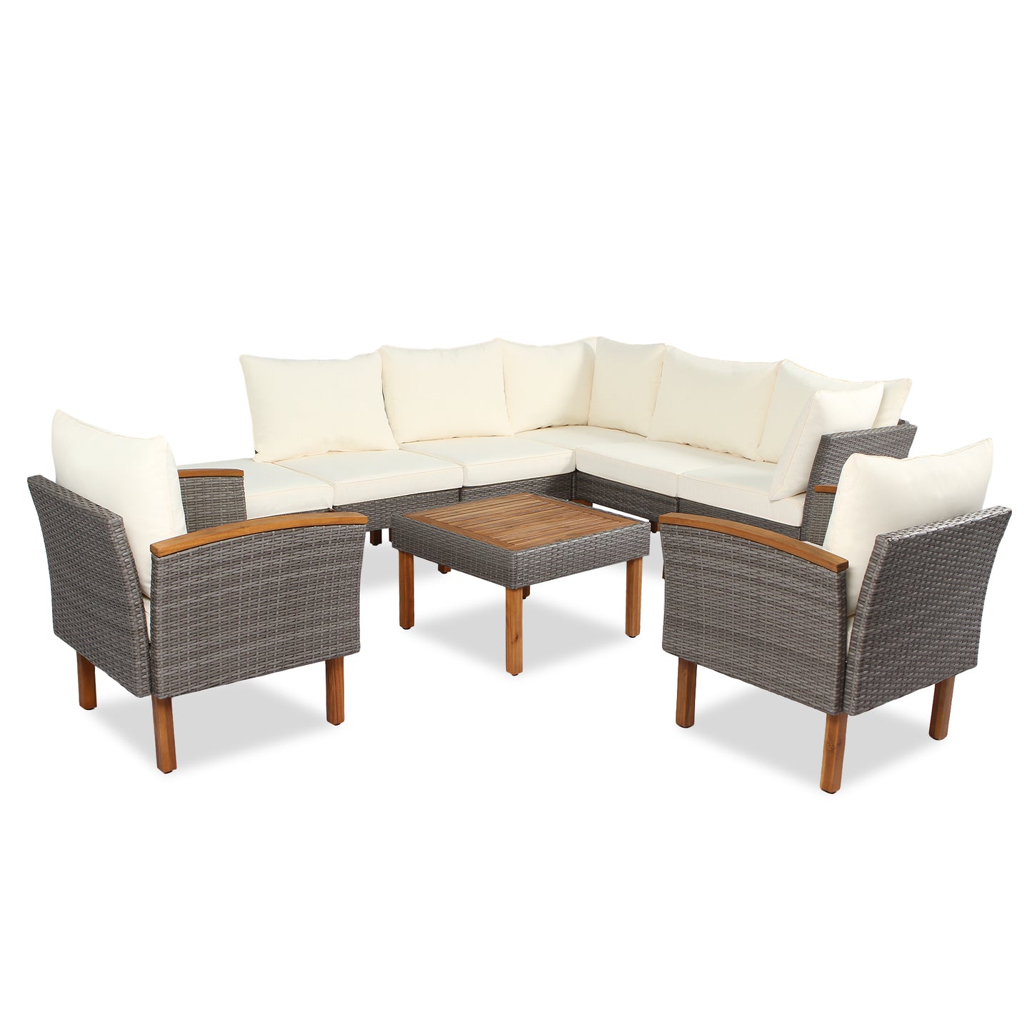 9-Piece Patio Rattan Furniture Set with Acacia Wood Legs, Washable Cushions, and Coffee Table, Beige