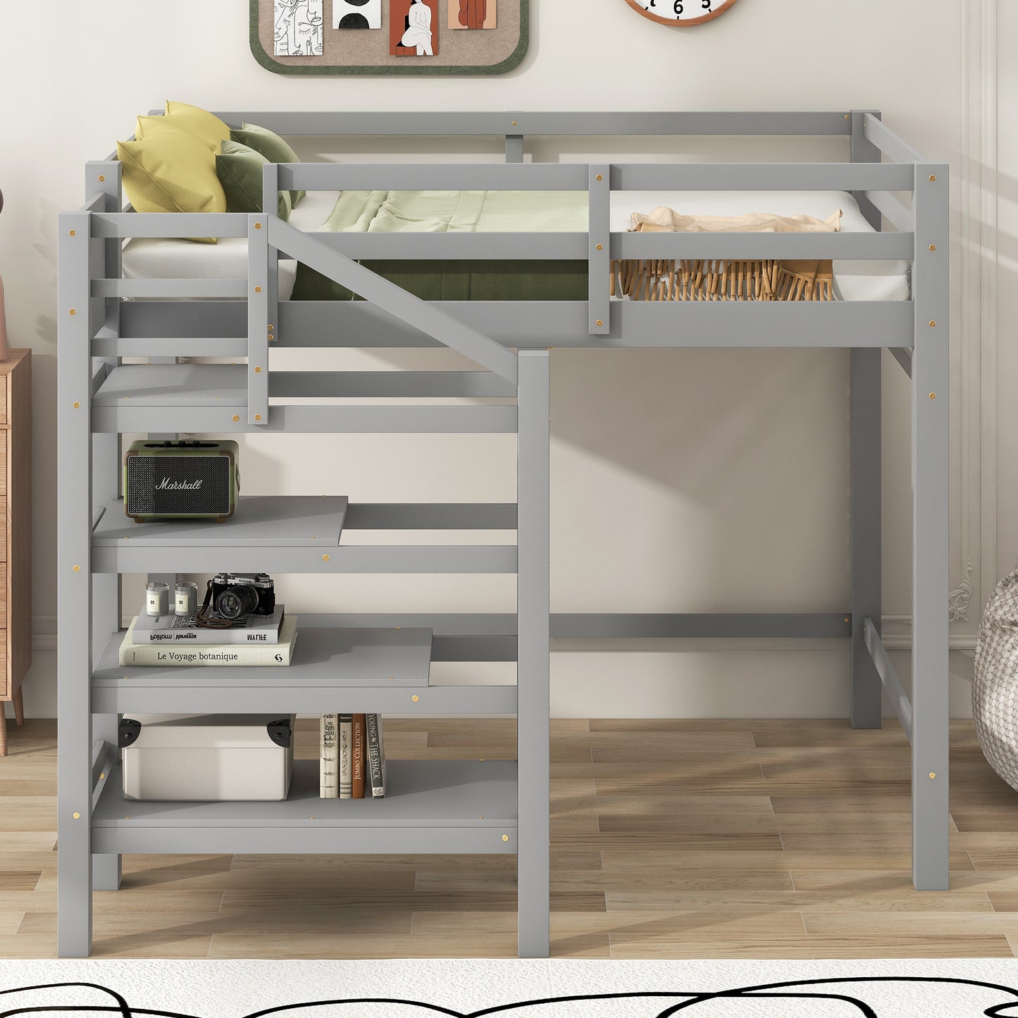 Full Size Loft Bed with Built-in Storage Staircase and Hanger for Clothes, Gray