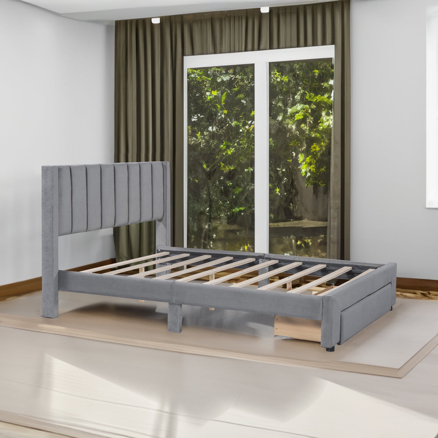 Full Size Storage Bed Velvet Upholstered Platform Bed with a Big Drawer - Gray