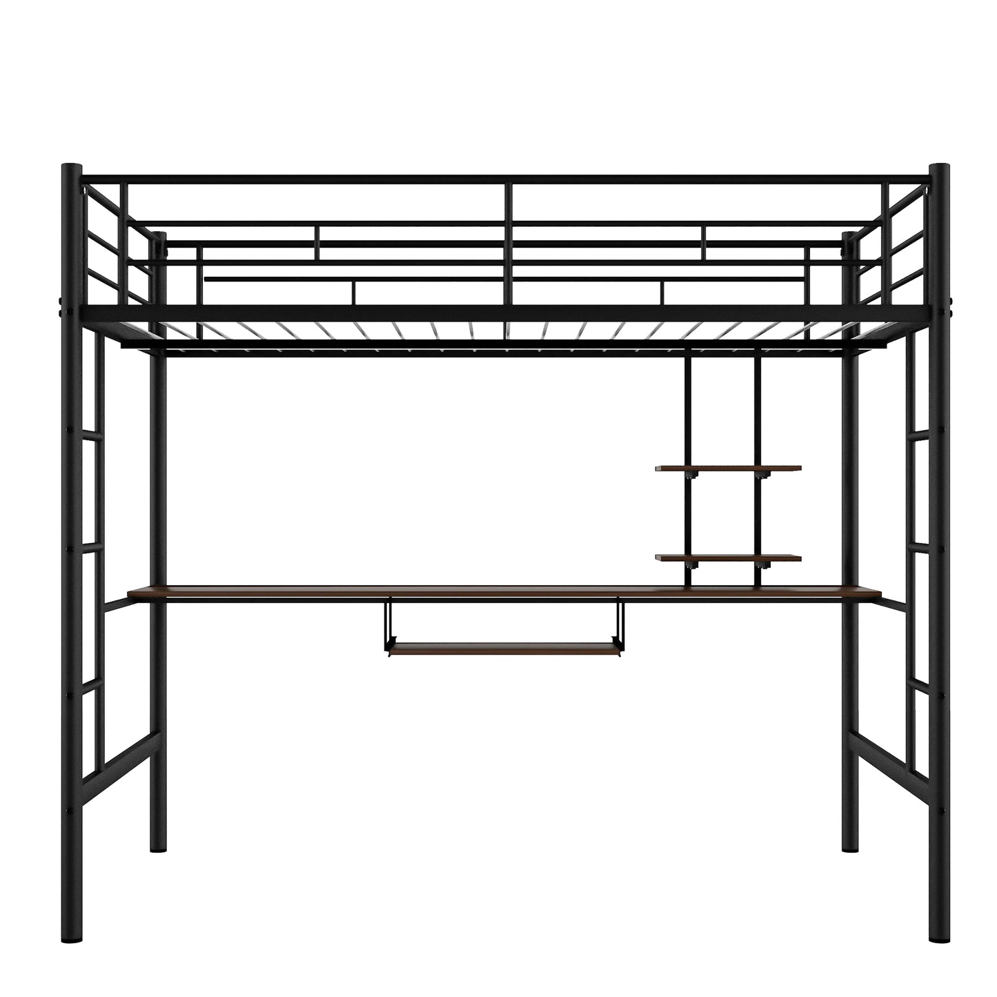 Loft Bed with Desk and Shelf, Space-Saving Design in Full Black Finish