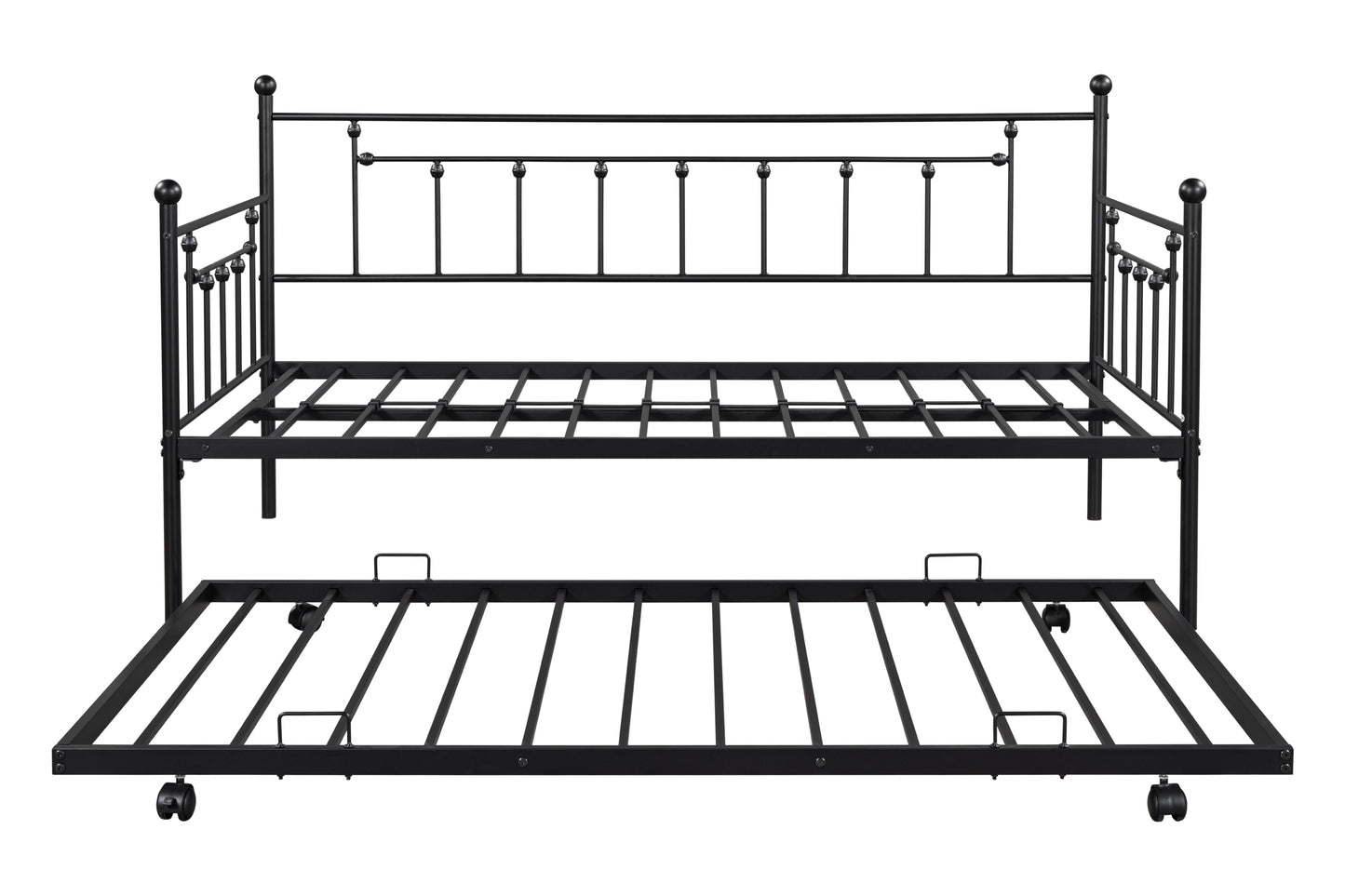 Metal double bed with ear shaft/sturdy/noise reduction/flexible ear shaft/retro style/no need for spring box (Black)