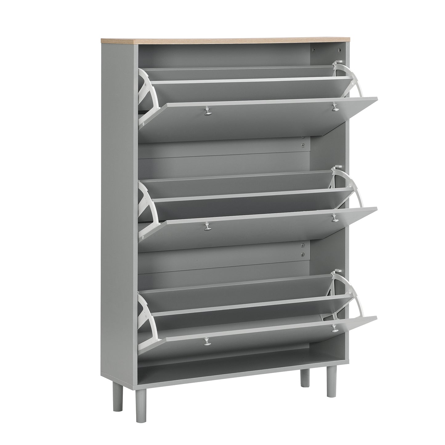 ON-TRANS narrow design shoe cabinet with 3 flip drawers and 3 independent shoe racks with 3 hooks, gray