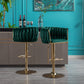 Set of 2 Bar Stools with Chrome Footrest and Swivel Base, Velvet Upholstery and Golden Legs, Green Finish