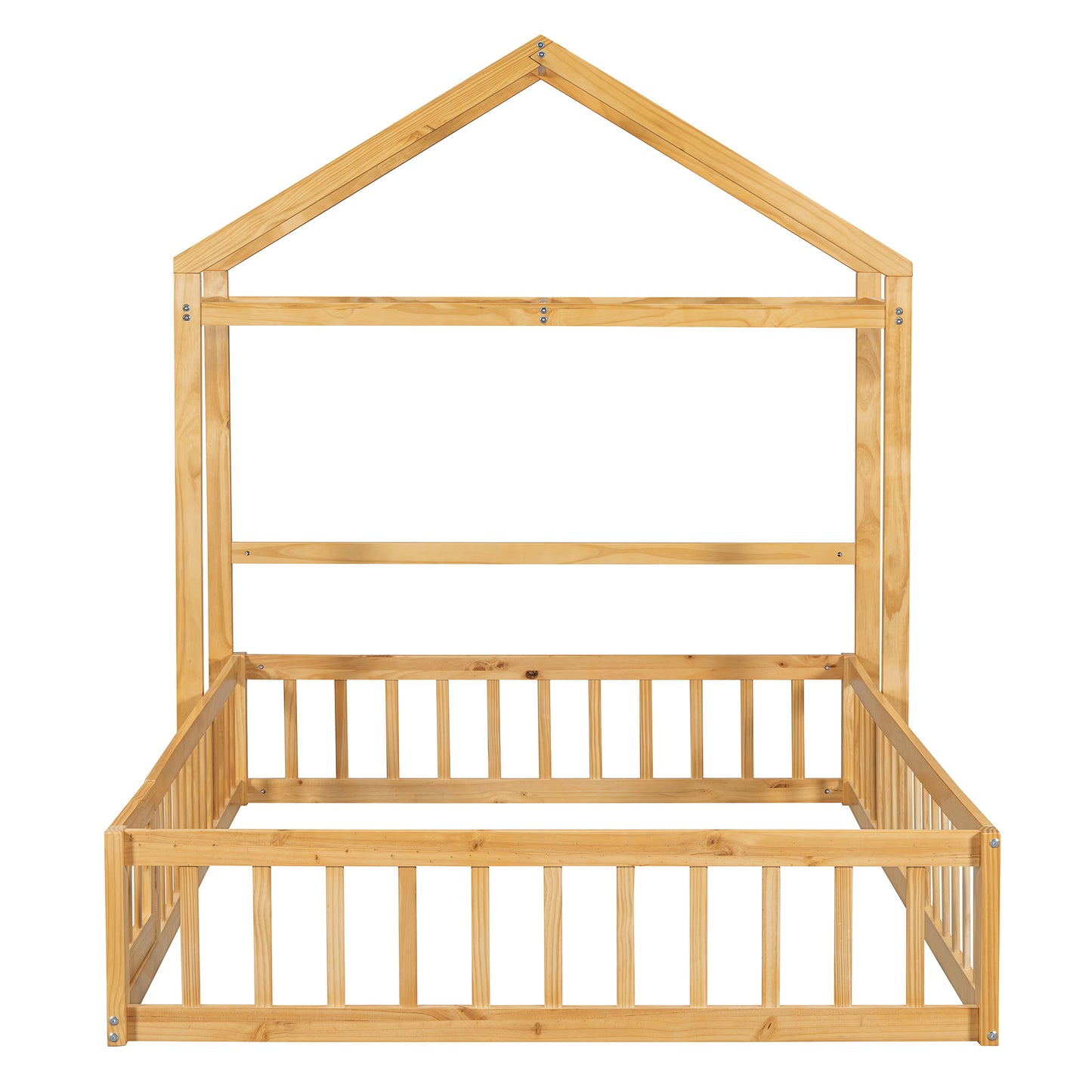 Wooden Full Size Children's Bed with Detachable Headboard and Integrated Clothes Drying Rack, Natural